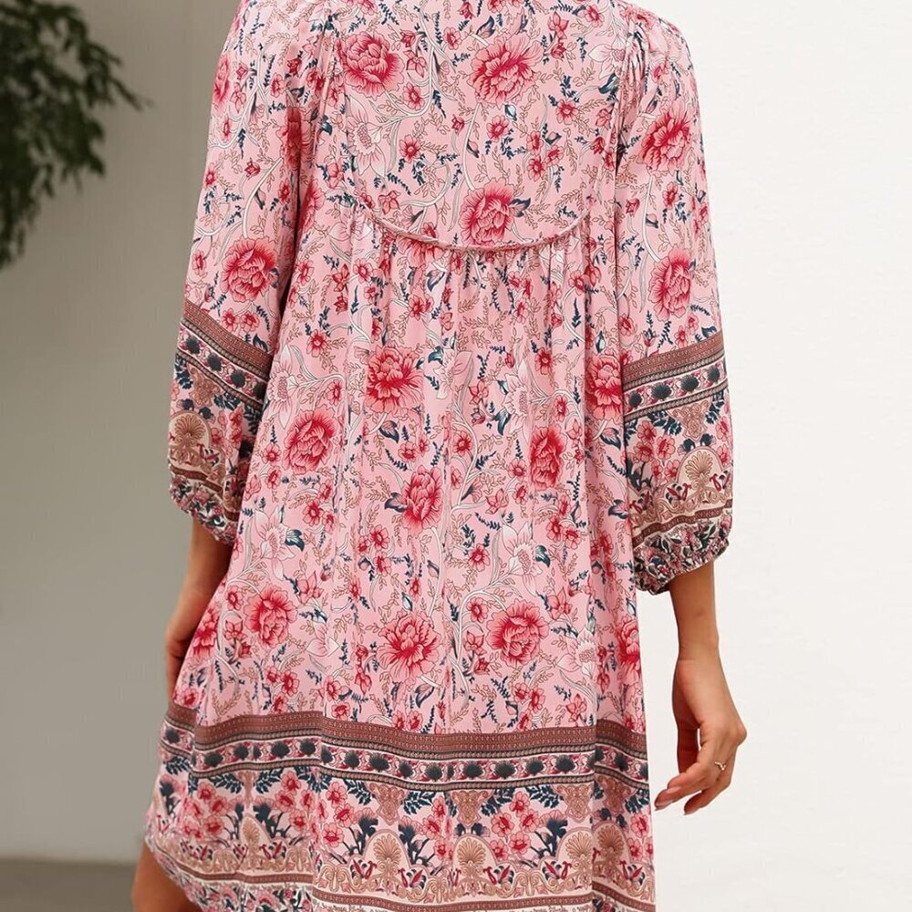 Womens Boho Summer Dress Rayon Floral Print V Neck 3/4 Sleeves Mini Beach Wear - Picture 4 of 5